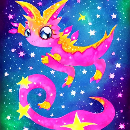 Prompt: cute kawaii baby dragon, galaxy, stars, cosmos, nebula, in the style of lisa frank, watercolor painting, illustration, artstation