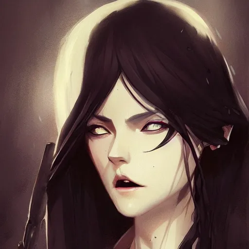 Image similar to female human vampire witch in the style of greg rutkowski, makoto shinkai, trending on artstation, character design, concept art, pretty face, highly detailed, long black hair, portrait, digital art