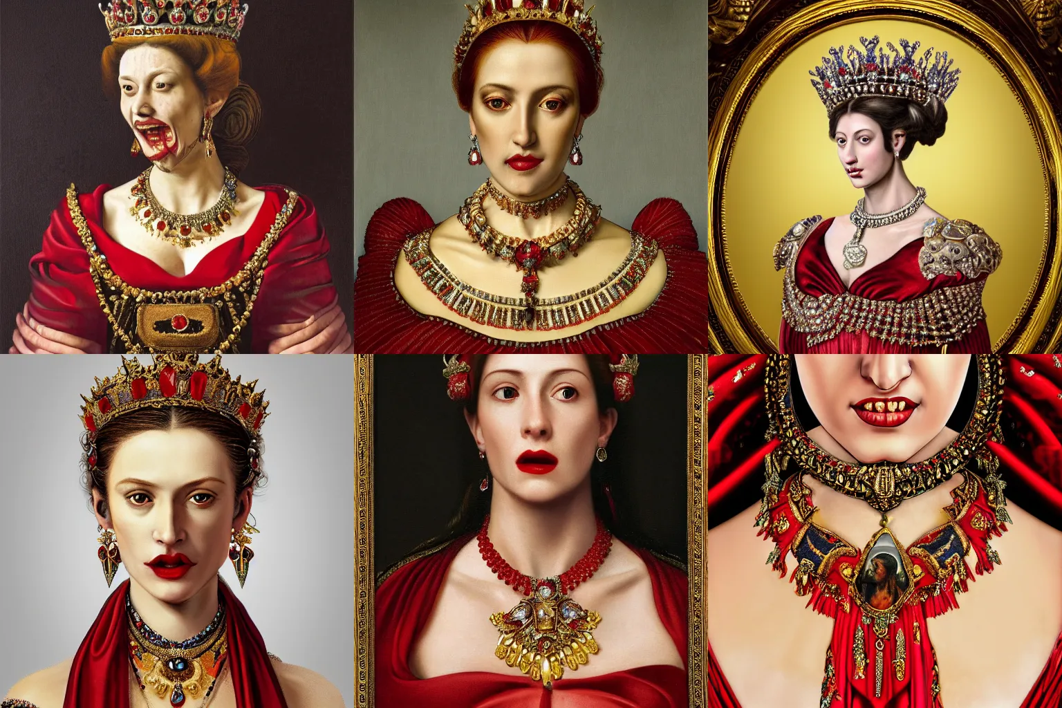 Image similar to A extremely highly detailed majestic hi-res beautiful head and shoulders painting of a beautiful bloody vampre woman with fangs wearing a long royal red silk dress, the crown jewels is on her head and around her neck is a ornate golden necklace decorated with diamonds and rupees by Michelangelo Merisi da Caravaggio, high detail, hyperrealistic, photorealistic, octante render, cinematic, high textures, royaltly, royal, hyper sharp, 4k insanely detailed and intricate, hypermaximalist, 8k, hyper realistic, super detailed, 4k HDR hyper realistic high,