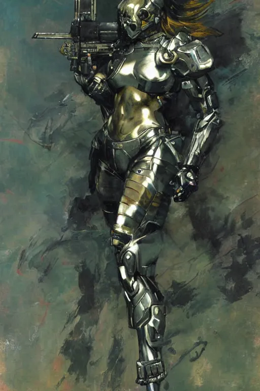 Prompt: full body girl metal armor painting by gaston bussiere, yoji shinkawa