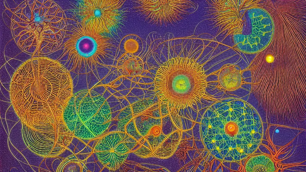 Image similar to quantum connections represented as symbiotic organisms like cells playing around with colorful lights by ernst haeckel, gas