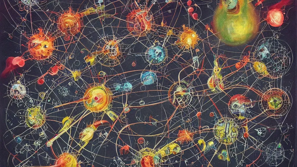 Prompt: a beautiful dreamy painting of a viruses, dark, sinister, detailed scientific epistemology diagrams, retro science-fiction book cover