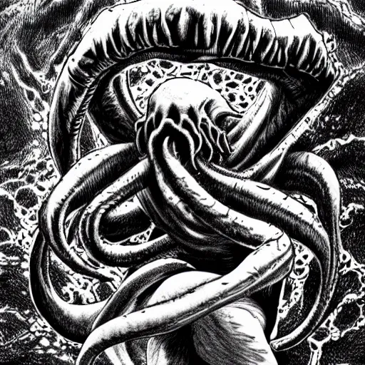 Prompt: Cthulhu by Kentaro Miura, highly detailed, black and white