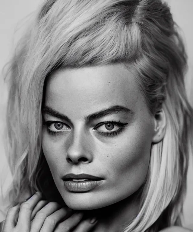 Prompt: a color photograph of margot robbie, by carrie mae weems, platinum blond, intense, bold, exaggerated, ultra sharp, extra details, ultra high quality, trending on pinteresst