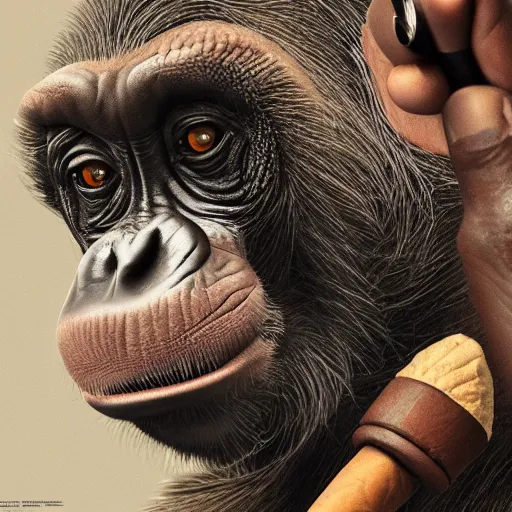 Image similar to a high detail shot of a chimp wearing a suit, smoking a cigar, render, cgsociety, photorealism