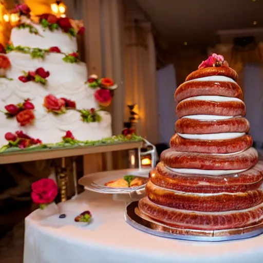 Prompt: a wedding cake made entirely out of meat and sausages with ketchup sauce. During wedding. Highly detailed 8k