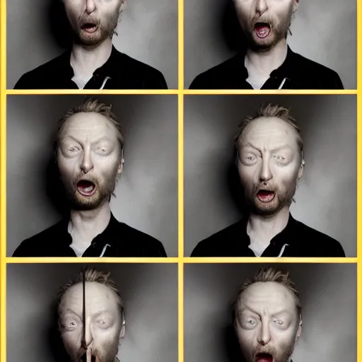Image similar to photobooth prints of random thom yorke versions on a table, hyper realistic, many very random variations of thom yorke, various emotions, various poses, high quality photographs, mixed styles, intricate details, diverse