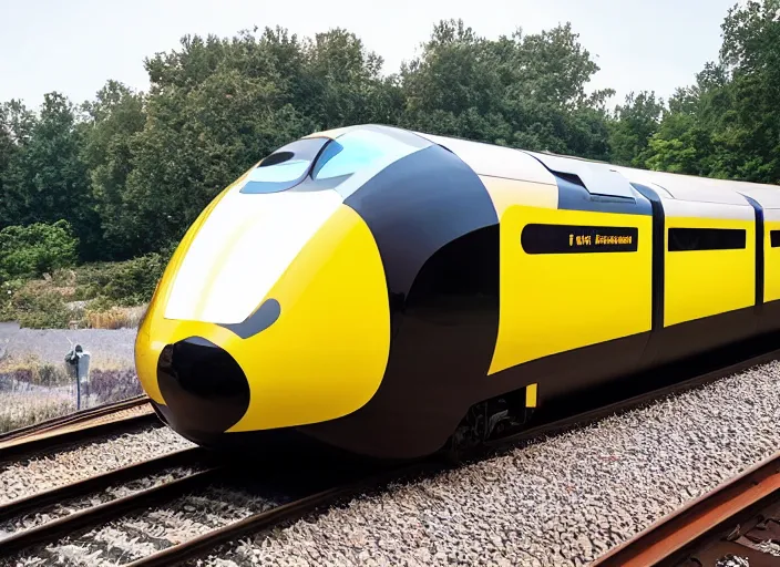 Prompt: A train that looks like a bee. This advanced train was designed to look like a bee.