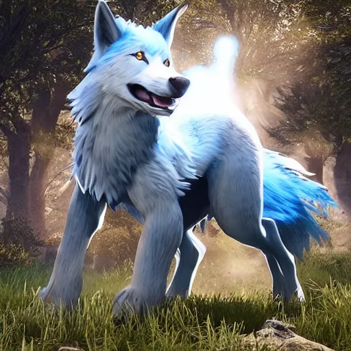 Image similar to a giant blue wolf with a white main and two unicorn horns, a white star shape on its forehead, yellow eyes, beautiful, ultra realistic, great wolf, unreal engine 5, dynamic lighting, highly detailed, lightning around