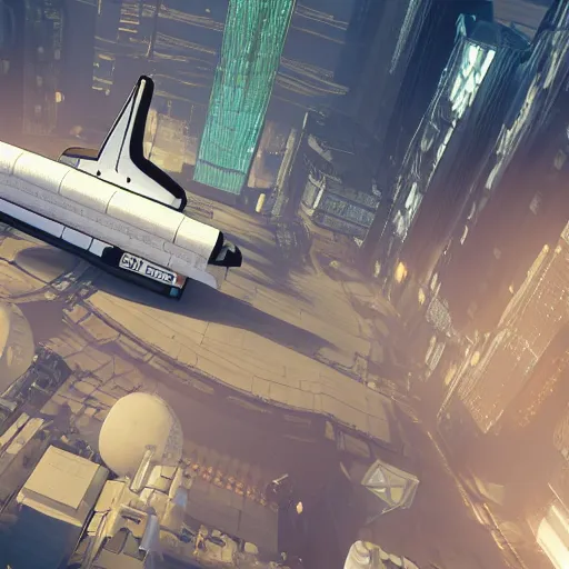 Prompt: space shuttle in a cyberpunk city, well - lit, hyperrealistic, unreal engine 5, rendered in maya 4 d, 8 k, u. h. d, trending on artstation