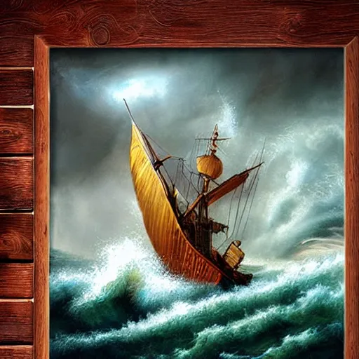 Prompt: sea storm, vortex, epic painting, wooden ship, highly detailed, hd, deep colors