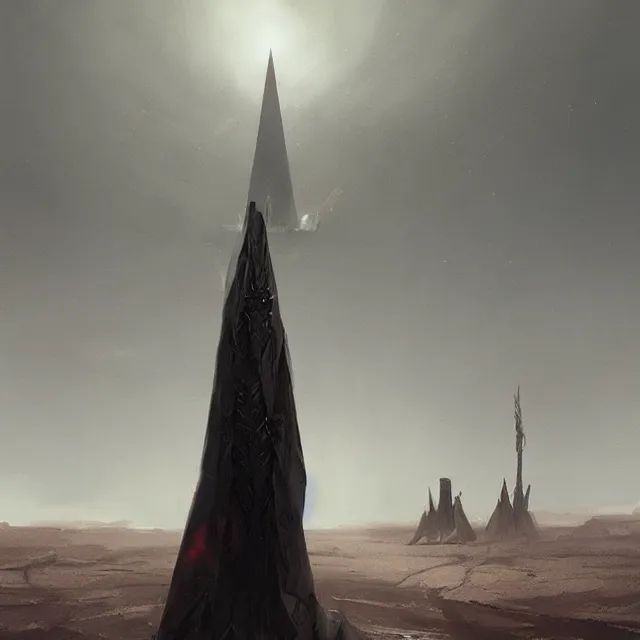 Image similar to a black spire rising up out of a desolate desert, by greg rutkowski, concept art, sci - fi concept art, cinematic lighting, highly detailed artwork, trending on artstation, movie concept art