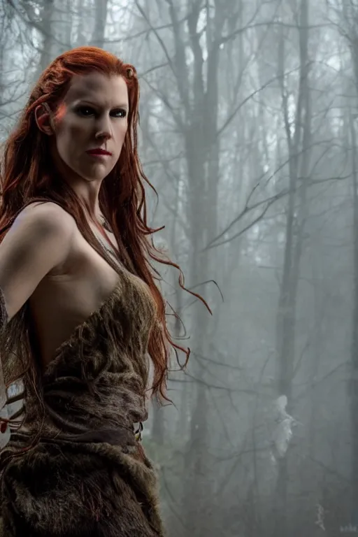 Prompt: Marisha Ray is a half-elven druid, realistic cinematic shot, swirling nature magic, subtle fog and mood lighting