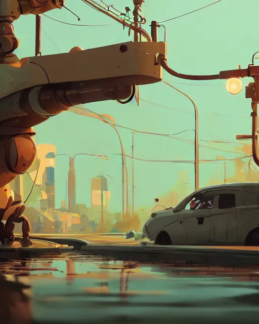 Image similar to a robot half sunken in a puddle, cory loftis, james gilleard, atey ghailan, makoto shinkai, goro fujita, character art, exquisite lighting, clear focus, very coherent, plain background, soft painting