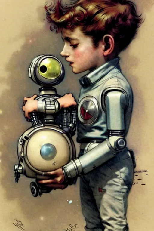 Prompt: ( ( ( ( ( 1 9 5 0 s a boy playing with his robot lost in space robot b 9. muted colors. ) ) ) ) ) by jean - baptiste monge!!!!!!!!!!!!!!!!!!!!!!!!!!!