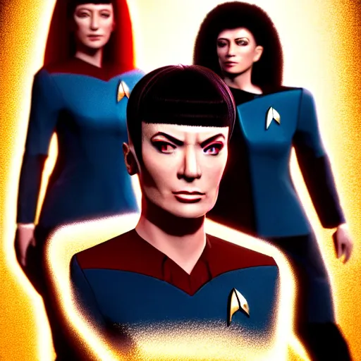 Prompt: Star Trek TNG crew portrait, Cyberpunk 2049, highly detailed, realistic, Unreal engine, Octane render, Weta digital, HDRP, RTX, volumetric lighting