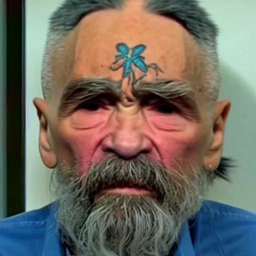 Image similar to charles manson on the ellen show, tv screen cap, detailed eyes, face and upper body focus, soft lighting