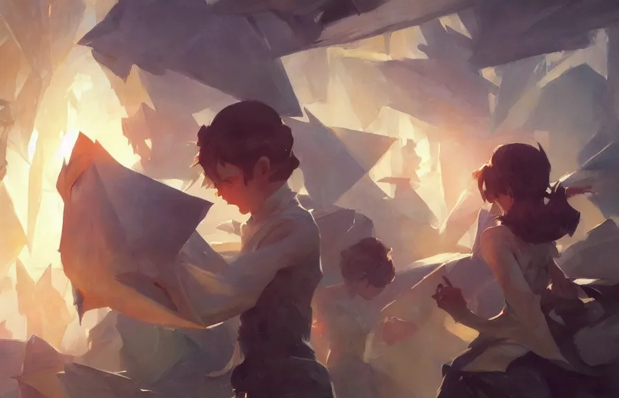 Prompt: greg manchess concept art of a the origami dimension, key visual, ambient lighting, highly detailed, digital painting, artstation, concept art, sharp focus, by makoto shinkai and akihiko yoshida and hidari and wlop and greg rutkowski