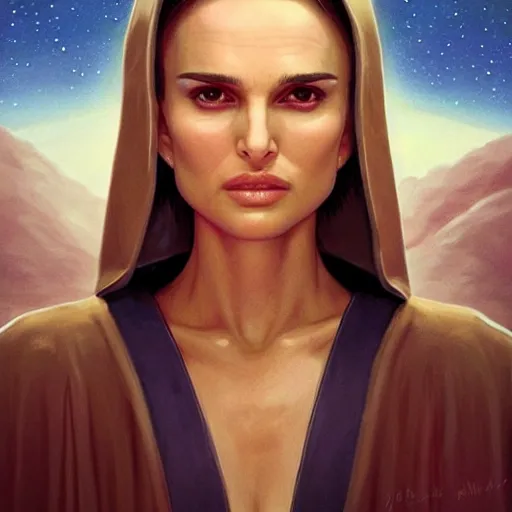 Prompt: natalie portman, three - quarter view, female, jedi master, wearing the traditional jedi robe, beautiful and uniquely odd looking, detailed symmetrical close up portrait, intricate complexity, in the style of artgerm and ilya kuvshinov, magic the gathering, star wars art,