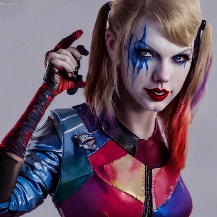 Prompt: portrait of Taylor Swift as a harley quinn in Suicide Squad. intricate abstract. intricate artwork. by Tooth Wu, wlop, beeple, dan mumford. octane render, trending on artstation, greg rutkowski very coherent symmetrical artwork. cinematic, hyper realism, high detail, octane render, 8k, iridescent accents