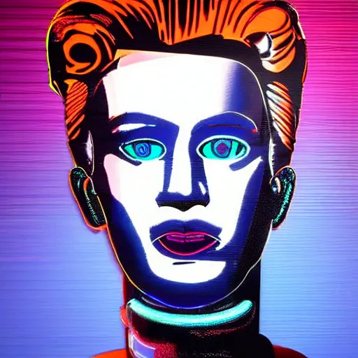 Image similar to a robot with the face of andy warhol, cyberpunk painting, award winning portrait, uncanny valley, dramatic lighting, detailed face, sharp focus, neon lighting