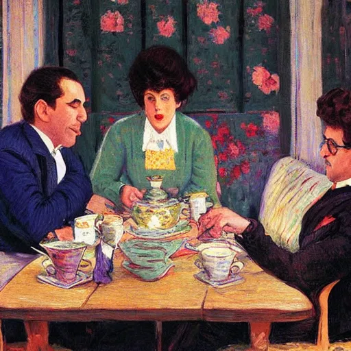 Image similar to seinfeld fancy tea party, george costanza, kramer, elaine, digital art, illustration, highly detailed, warm color scheme, soft lighting, sharp focus, gustave caillebotte, pyotr konchalovsky