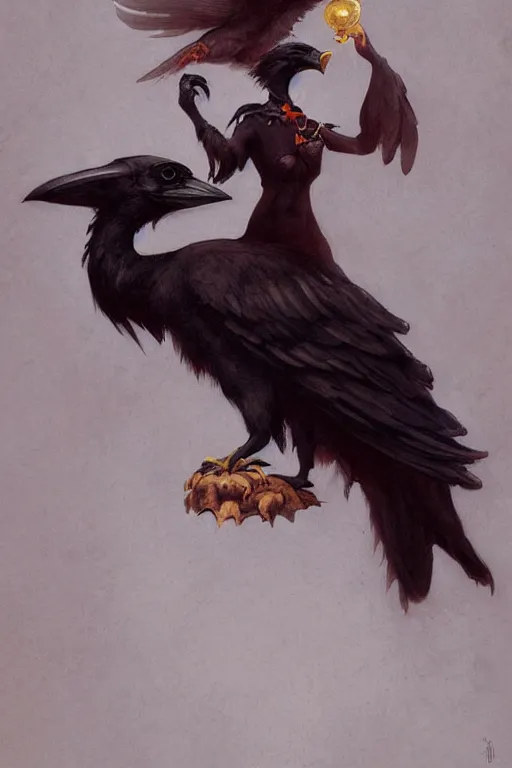 Prompt: Crow fursona by Peter Mohrbacher in the style of Gaston Bussière, Art Nouveau