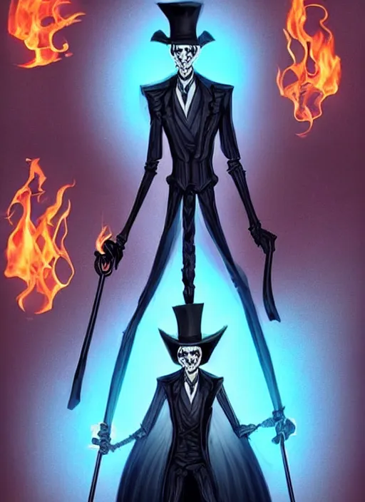 Image similar to DND character concept, Tall skeletal figure, wearing a deep black suit!!! and tie and top hat, holding a golden cane. Surrounded by light blue!!! flames!!