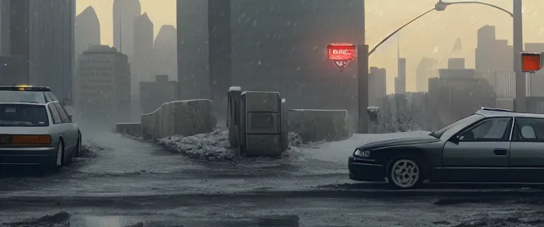 Image similar to Audi A4 B6 Avant (2002), a gritty neo-noir, dramatic lighting, cinematic, establishing shot, extremely high detail, photorealistic, cinematic lighting, artstation, by simon stalenhag, Max Payne (PC) (2001) winter new york, eldritch horror, police scene