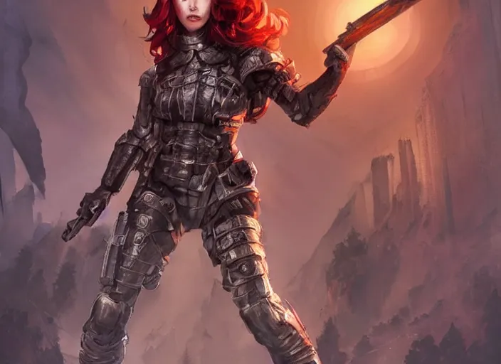 Image similar to poster!! beautiful new female character for 7 days to die, character concept art, action pose, illustration, full body armor, steel plating, huge weapon, super powers, athletic, long red hair, symmetry, intricate design, shiny, highly detailed, hd, dramatic lighting, art by artgerm and greg rutkowski