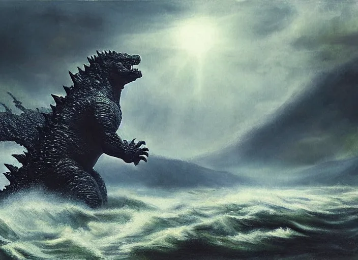 Image similar to godzilla emerges from a river and roars at the sky, beautiful landscape painting, very detailed, dramatic lighting