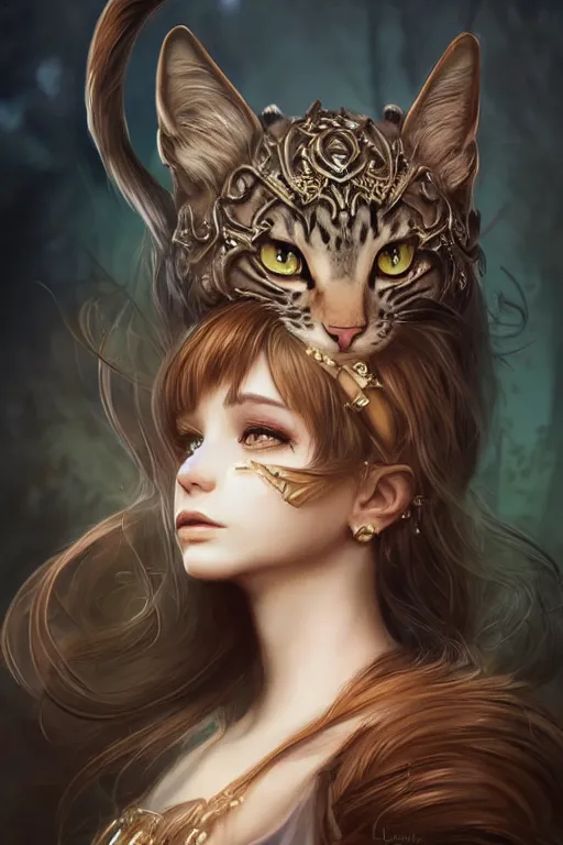 Image similar to majestic and regal portrait of a beautiful young cat girl!!, cat ears, tail, intricate, epic, elegant, menacing, fantasy, highly detailed, digital painting, hard focus, beautiful volumetric lighting, epic light, ultra detailed, souls, smoke, by leesha hannigan, ross tran, thierry doizon, kai carpenter, ignacio fernandez rios