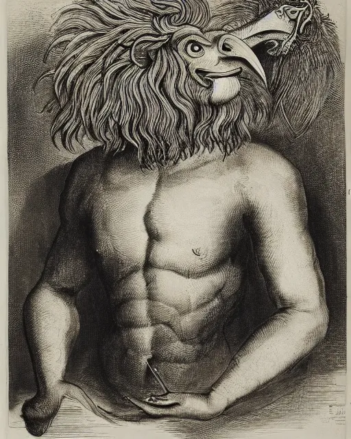 Image similar to a creature with the body and eyes of a man, with the beak of an eagle, the mane of a lion, and the horns of an ox. drawn by francis bacon