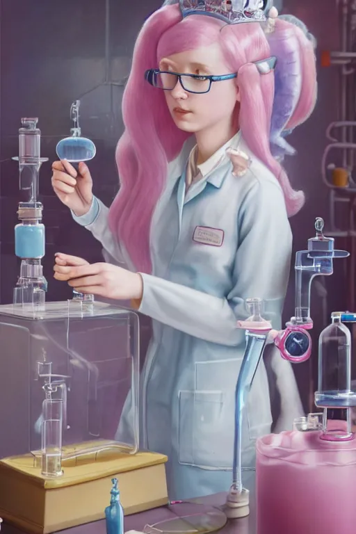 Prompt: highly detailed, profile portrait of princess bubblegum experimenting in her science lab, wearing lab coat and safety glasses and sapphire tiara, bubblegum hair, bubblegum face, bubblegum body, depth of field, illustration, concept art by nicoletta ceccoli, mark ryden, lostfish, detailed and intricate environment, 8 k resolution, hyperrealistic, octane render