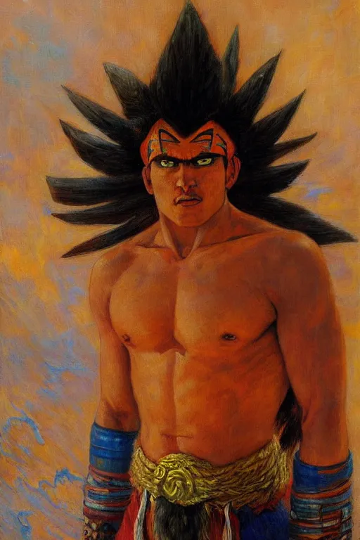 Prompt: portrait of an indigenous saiyan on their home planet. realistic portrait. art by gaston bussiere.