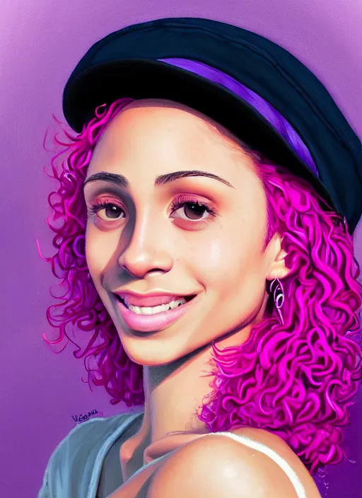 Image similar to portrait of teenage vanessa morgan with bright pink hair, vanessa morgan, curly pixie cut hair, wearing a purple breton cap, breton cap, subtle confident smile, hoop earrings, intricate, elegant, glowing lights, highly detailed, digital painting, artstation, concept art, smooth, sharp focus, illustration, art by wlop, mars ravelo and greg rutkowski