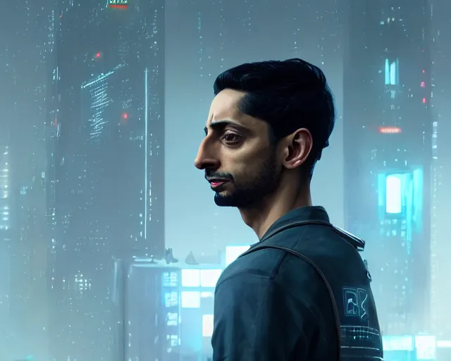 Image similar to highly detailed portrait of riz ahmed as an android, in detroit : become human, stephen bliss, unreal engine, fantasy art by greg rutkowski, loish, rhads, ferdinand knab, makoto shinkai and lois van baarle, ilya kuvshinov, rossdraws, tom bagshaw, global illumination, radiant light, detailed and intricate environment