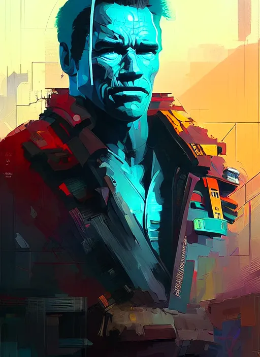 Image similar to portrait of schwarzenegger as cyberpunk street fighter, by ismail inceoglu