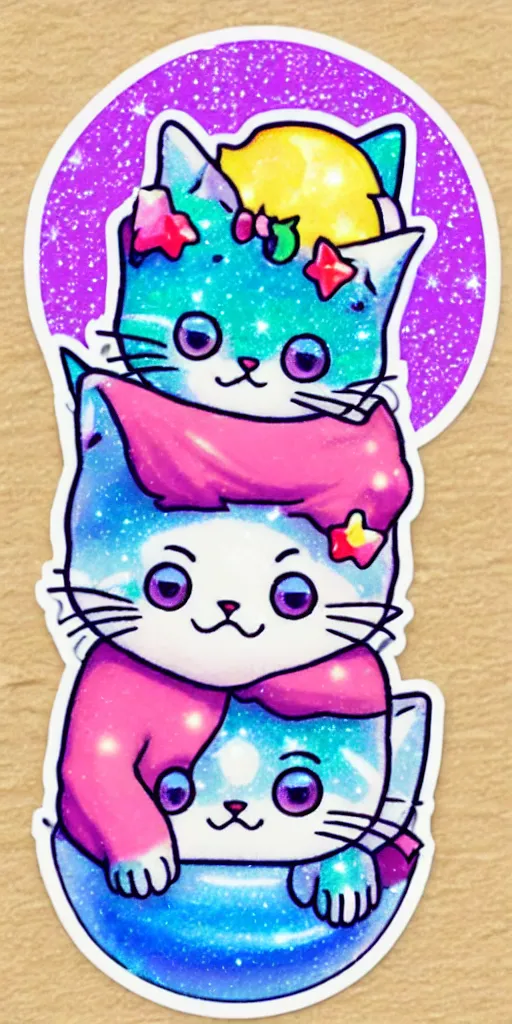 Prompt: a tiny cute kitten sleeping, puffy sticker, glitter sticker, kawaii by studio ghibli, by lisa frank 8 k pastel colours, isometric, smeared watercolours,