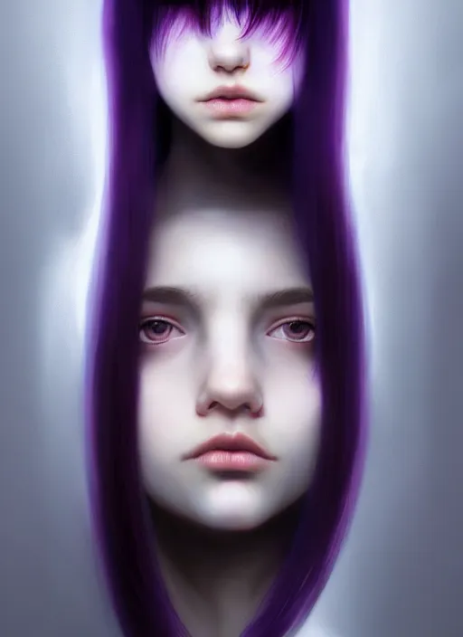 Image similar to hair whitebangs hair, black hair, whitebangs, portrait of teenage girl with white bangs, red irises, purple clothes, white bangs, bangs are different color from hair, intricate, elegant, glowing lights, highly detailed, digital painting, artstation, concept art, smooth, sharp focus, illustration, art by wlop, mars ravelo and greg rutkowski