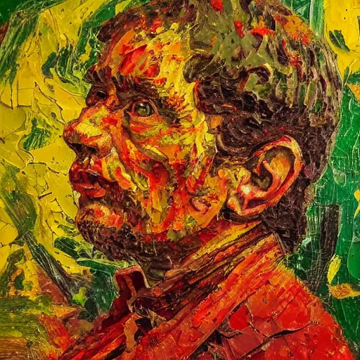 Prompt: oil paint impasto relief, large red and green shiny apple dull naples yellow background, multi layered thick brush marks, some splattered paint, in the style of ivan shishkin and frank auerbach and van gogh