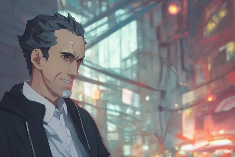 Image similar to anime jordan peterson, single centered subject, mid shot, ambient lighting, detailed face, by makoto shinkai, stanley artgerm lau, wlop, rossdraws