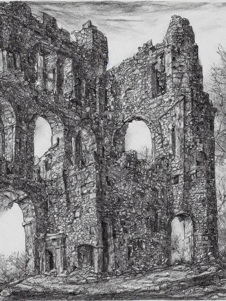 Image similar to A pen drawing of a dilapidated ancient castle building in the wood, by Juan Francisco Casas, high detailed