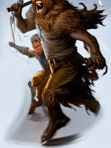 Image similar to a screaming man holding a quartestaff. surrounded by a pack of wolves. intricate, elegant, highly detailed, digital painting, artstation, concept art, sharp focus, illustration, by justin gerard and artgerm, 8 k
