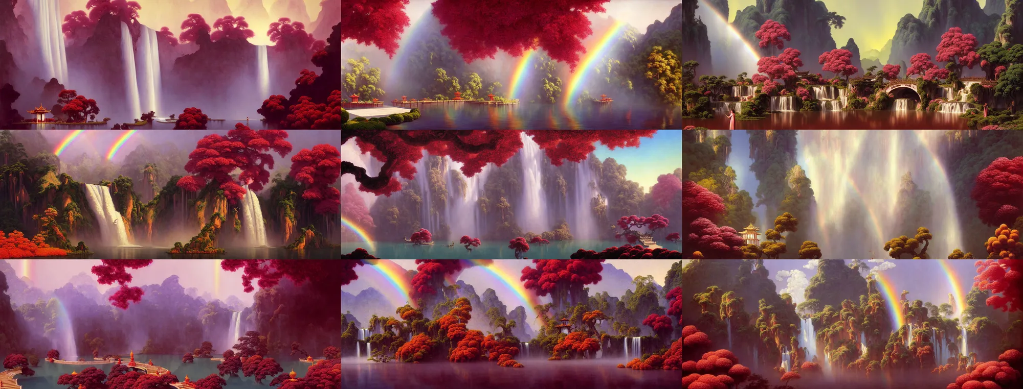 Image similar to a gorgeous painting by barlowe wayne, maxfield parrish and marco mazzoni. xanadu chinese temple on a platform that extends over a great waterfall, a huge tallest magnificent peach blossom tree glowing, maroon leaves, bridge, 3 d, octane render, lotus flower lake, waterfall. fog, just one rainbow. 8 k.