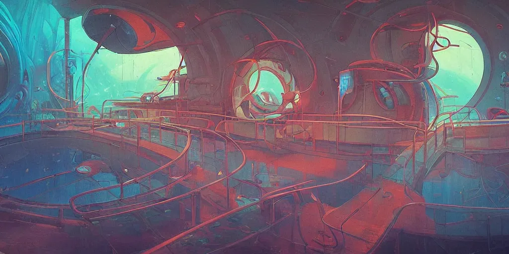 Prompt: undersea laboratory interior with organic circular windows, figures, soft neon lights, bright colors, cinematic, cyberpunk, smooth, chrome, lofi, nebula, calming, dramatic, fantasy, by Moebius, by zdzisław beksiński, fantasy LUT, studio ghibli, high contrast, epic composition, sci-fi, dreamlike, surreal, angelic, 8k, unreal engine, hyper realistic, fantasy concept art, XF IQ4, 150MP, 50mm, F1.4, ISO 200, 1/160s, natural light, Adobe Lightroom, photolab, Affinity Photo, PhotoDirector 365