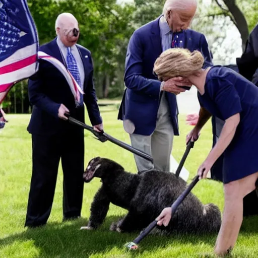 Prompt: Joe Biden using his psychic warriors to bury a dog under his campaign stage, photo, realistic