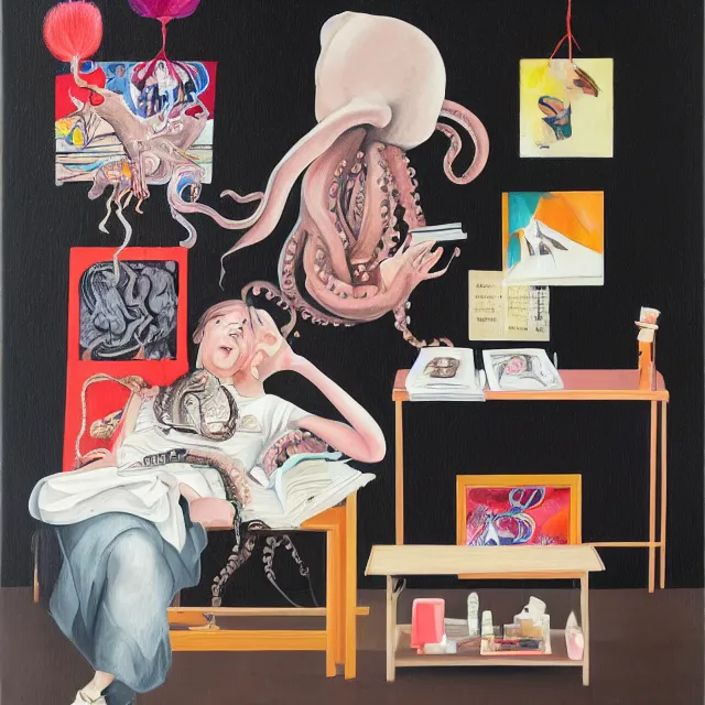 Prompt: a portrait in a female art student's bedroom, black walls, a woman reading das kapital, pancakes, sheet music, electric guitar, surgical supplies, ikebana, sensual, octopus, neo - expressionism, surrealism, acrylic and spray paint and oilstick on canvas