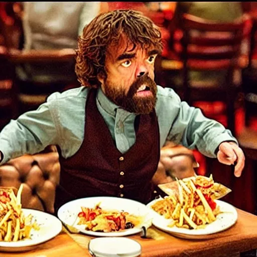 Image similar to “ film still of peter dinklage ordering food on stilts at an olive garden ”