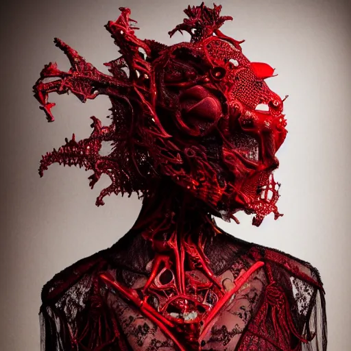 Prompt: a female harkonen model by stefan geselle and nekro borja, photorealistic, biomechanical, red lace, intricate details, hyper realistic, ornate headpiece, photorealistic, canon r 3, photography, wide shot, photography, dark beauty, symmetrical features